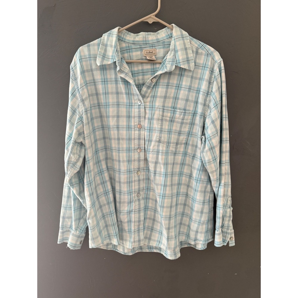 LL Bean Womens XL Blue White Plaid Flannel Button Down Cotton Shirt 0FFL1